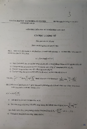 Đề thi giữa kì và lời giải Cơ học lượng tử | Môn Cơ học lượng tử | Trường Đại học Bách Khoa Hà Nội