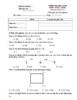Đề thi học kì 2 môn Toán 3 năm 2022 - 2023 (Đề 2) | Cánh diều