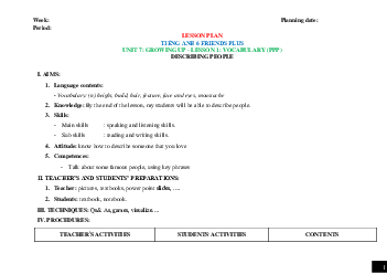 Giáo án Tiếng Anh 6 sách Friends Plus Unit 7