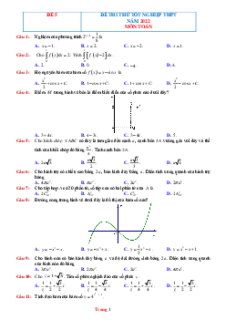 Đề luyện thi tốt nghiệp THPT 2022 môn Toán -Đề 5 (có đáp án và lời giải)