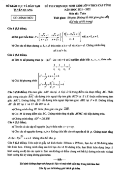 Đề học sinh giỏi Toán 9 cấp tỉnh năm 2021 – 2022 sở GD&ĐT Tuyên Quang