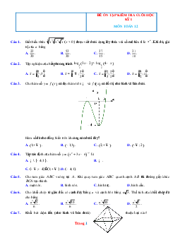 Đề Ôn Thi Học Kì 1 Toán 12 Có Lời Giải Và Đáp Án Năm 2021-2022