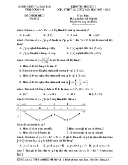 Đề thi học kỳ 1 môn Toán lớp 12 năm học 2017 - 2018 Sở GD&ĐT Đồng Nai (có đáp án)