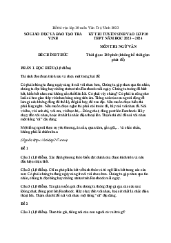 Đề thi vào 10 môn Ngữ văn năm học 2023 - 2024 sở GD&ĐT Trà Vinh