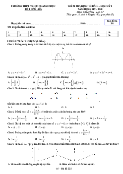 Đề kiểm tra Giải tích 12 chương 1 năm 2019 – 2020 trường Triệu Quang Phục – Hưng Yên