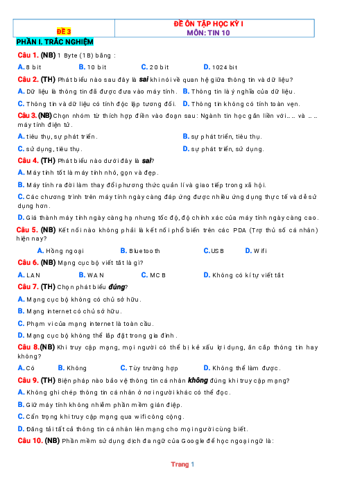 Đề thi HK 1 môn Tin 10 Kết nối tri thức (có đáp án-Đề 3 )