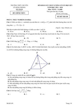 Đề KSCL 8 tuần HK1 Toán 11 năm 2023 – 2024 THPT chuyên Lê Hồng Phong – Nam Định