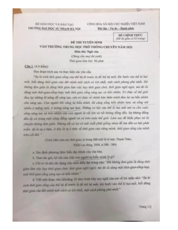 Đề thi tuyển sinh vào trường THPT chuyên 2022 | Đại học Sư Phạm Hà Nội