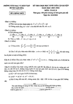 Đề thi chọn HSG huyện Toán 8 năm 2021 – 2022 phòng GD&ĐT Sơn Hòa – Phú Yên