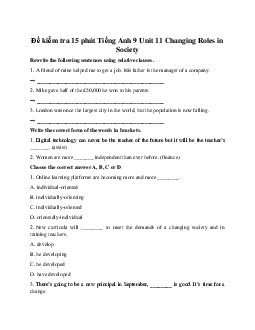 Đề kiểm tra 15 phút Tiếng Anh 9 Unit 11 Changing Roles in Society