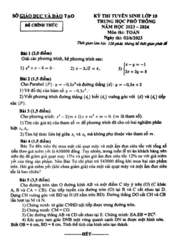 Đề tuyển sinh vào lớp 10 môn Toán năm 2023 – 2024 sở GD&ĐT Bình Dương