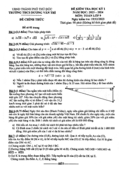 Đề học kỳ 1 Toán 9 năm 2023 – 2024 trường THCS Dương Văn Thì – TP HCM