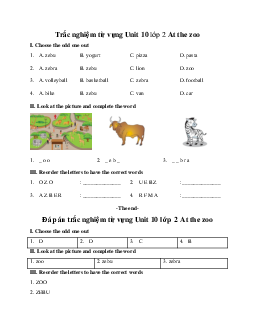Trắc nghiệm từ vựng Unit 10 lớp 2 At the zoo | Tiếng Anh 2 Global Success