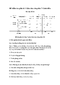 Đề kiểm tra giữa kì 1 Giáo dục công dân 7 | Đề 2 | Cánh diều