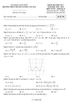 Đề học kỳ 1 Toán 12 năm 2022 – 2023 trường chuyên Lương Văn Tụy – Ninh Bình