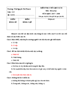 Đề thi học kì 2 môn Khoa học lớp 4 trường Tiểu học Nguyễn Tất Thành năm 2017 - 2018