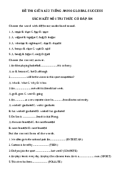 Đề thi giữa học kì 2 môn Tiếng Anh 6 năm 2023 - 2024 sách Global Success | Đề 4