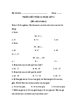 Bài tập cuối tuần Toán lớp 2 Kết nối Tri thức Tuần 13