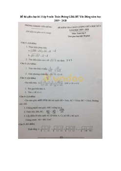 Đề thi giữa học kì 1 lớp 9 môn Toán Phòng GD&ĐT Yên Dũng năm học 2019 - 2020