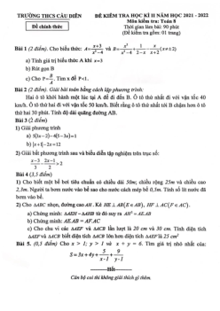 Đề thi học kì 2 Toán 8 năm 2021 – 2022 trường THCS Cầu Diễn – Hà Nội