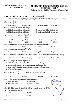 Đề học kì 1 Toán 7 năm 2023 – 2024 phòng GD&ĐT Ninh Hòa – Khánh Hòa