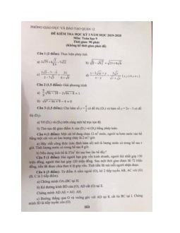 Đề thi học kì 1 lớp 9 môn Toán Phòng GD&ĐT Quận 12 năm học 2019 - 2020