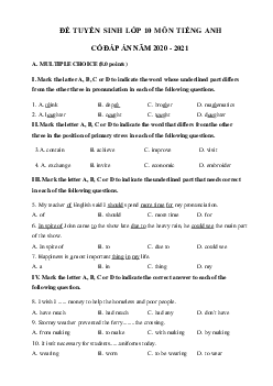 Đề thi tuyển sinh lớp 10 môn Anh số 3 năm 2020-2021