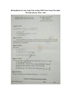 Đề thi giữa học kì 1 lớp 9 môn Toán trường THCS Nam Trung Yên, Quận Cầu Giấy năm học 2018 - 2019