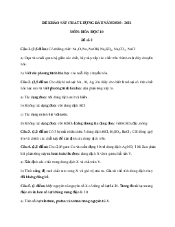 Đề thi khảo sát chất lượng đầu năm lớp 10 môn Hóa 2020 - 2021 - Đề 2