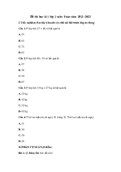 Đề thi học kì 1 lớp 2 môn Toán năm 2022-2023 (Đề 3) | Cánh Diều