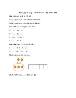 Đề thi giữa kì 1 lớp 1 môn Toán năm 2020 - 2021 - Đề 3