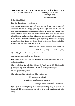 Đề thi giữa học kì 1 lớp 9 môn Ngữ văn Trường THCS Duy Hải, Duy Tiên năm học 2019 - 2020