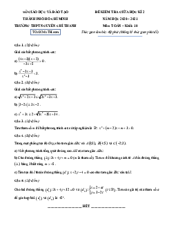 Đề thi giữa kì 2 Toán 10 năm 2020–2021 trường THPT Nguyễn Chí Thanh – TP HCM