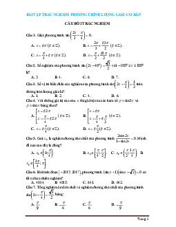 Bài tập trắc nghiệm phương trình lượng giác cơ bản (có đáp án)