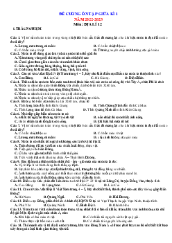 Đề cương ôn thi Địa 12 giữa HK1 năm 2022-2023 trắc nghiệm
