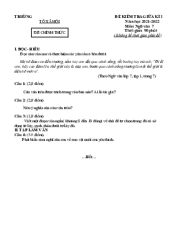 Đề kiểm tra giữa HK1 Ngữ văn 7 (có đáp án và ma trận)