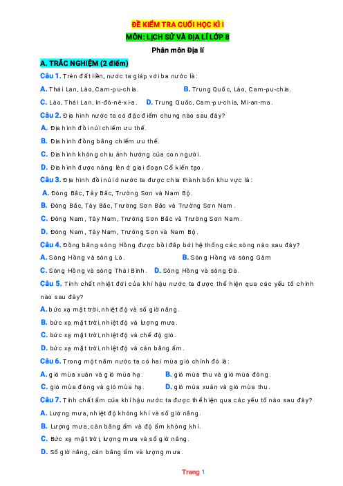 Đề thi học kỳ 1 Địa lí 8 Cánh diều có đáp án