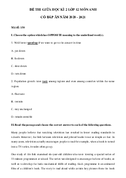 Đề thi giữa học kì 2 môn tiếng Anh lớp 12 THPT Đa Phúc, Hà Nội (có đáp án)
