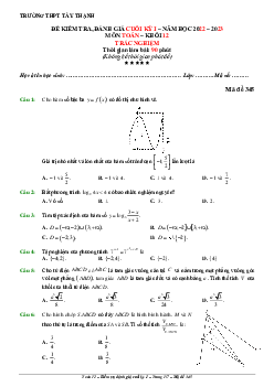 Đề cuối kỳ 1 Toán 12 năm 2022 – 2023 trường THPT Tây Thạnh – TP HCM