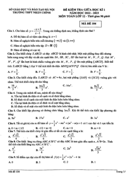 Đề giữa học kì 1 Toán 12 năm 2022 – 2023 trường THPT Nhân Chính – Hà Nội