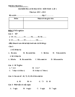 Đề thi học kì 2 lớp 1 năm 2022 - 2023 | Toán 1 | Chân trời sáng tạo | đề 4