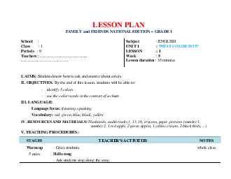 Lesson PLAN Family and Friends National Edition Grade 1 219 | Anh văn chuyên ngành | Đại học Khoa học Xã hội và Nhân văn, Đại học Quốc gia Thành phố HCM