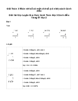 Nhân với số có một chữ số (có nhớ): Giải bài tập Luyện tập, thực hành Toán lớp 3 Cánh diều trang 61 tập 2