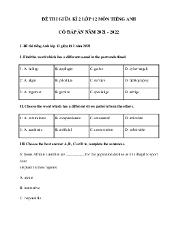 Đề thi giữa kì 2 lớp 12 môn tiếng Anh năm 2022 - 2023