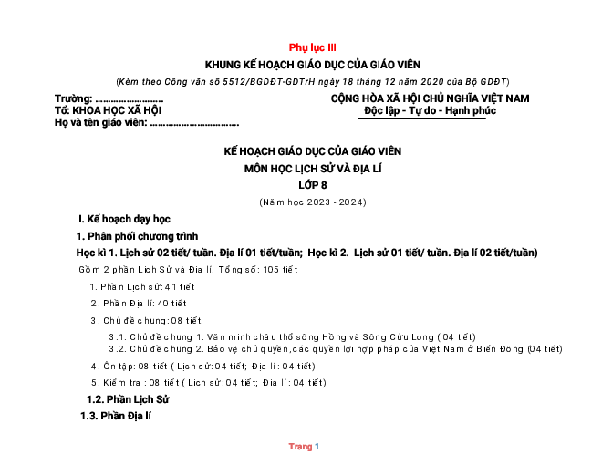 Phụ lục 3 lịch sử và Địa lí lớp 8 kết nối tri thức