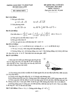 Đề cuối kì 1 Toán 9 năm 2023 – 2024 phòng GD&ĐT Gia Lâm – Hà Nội