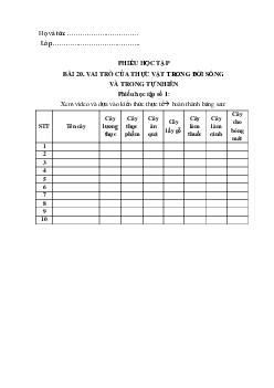 Chủ đề 8. Bài 20: Vai trò của thực vật(Phiếu học tập) | Bài giảng KHTN 6 | Cánh diều
