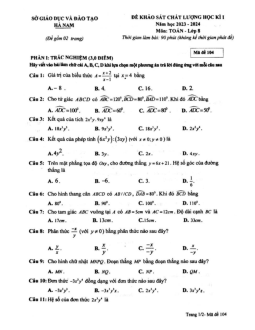 Đề học kì 1 Toán 8 năm 2023 – 2024 sở GD&ĐT Hà Nam