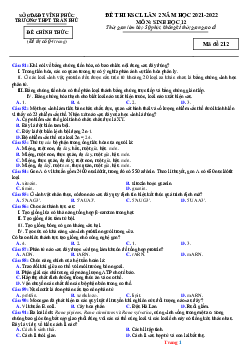 Đề thi KSCL lần 2 năm 2021-2022 môn sinh học 12 Trường THPT Trần Phú (đề 212, có đáp án)
