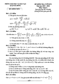 Đề cuối kì 1 Toán 9 năm 2023 – 2024 phòng GD&ĐT Hà Đông – Hà Nội